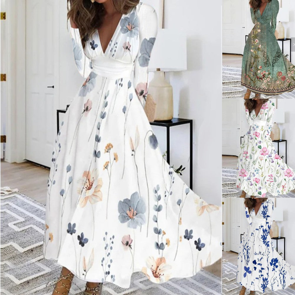 Fall V-neck Long Sleeve Printed Women Dress Women