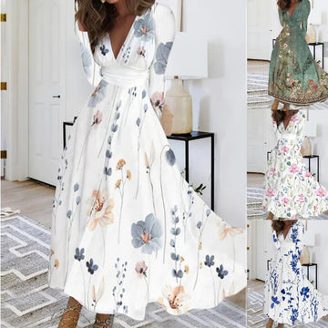 Fall V-neck Long Sleeve Printed Women Dress Women