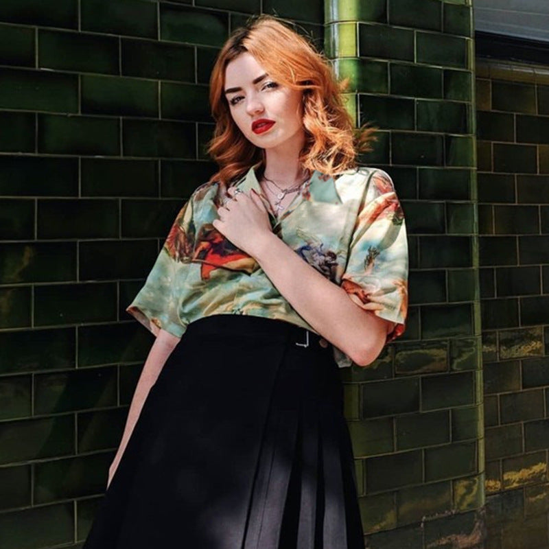 summer speed selling Amazon hot sale explosions loose retro angel print shirt women short-sleeved casual shirt