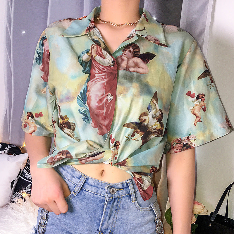 summer speed selling Amazon hot sale explosions loose retro angel print shirt women short-sleeved casual shirt