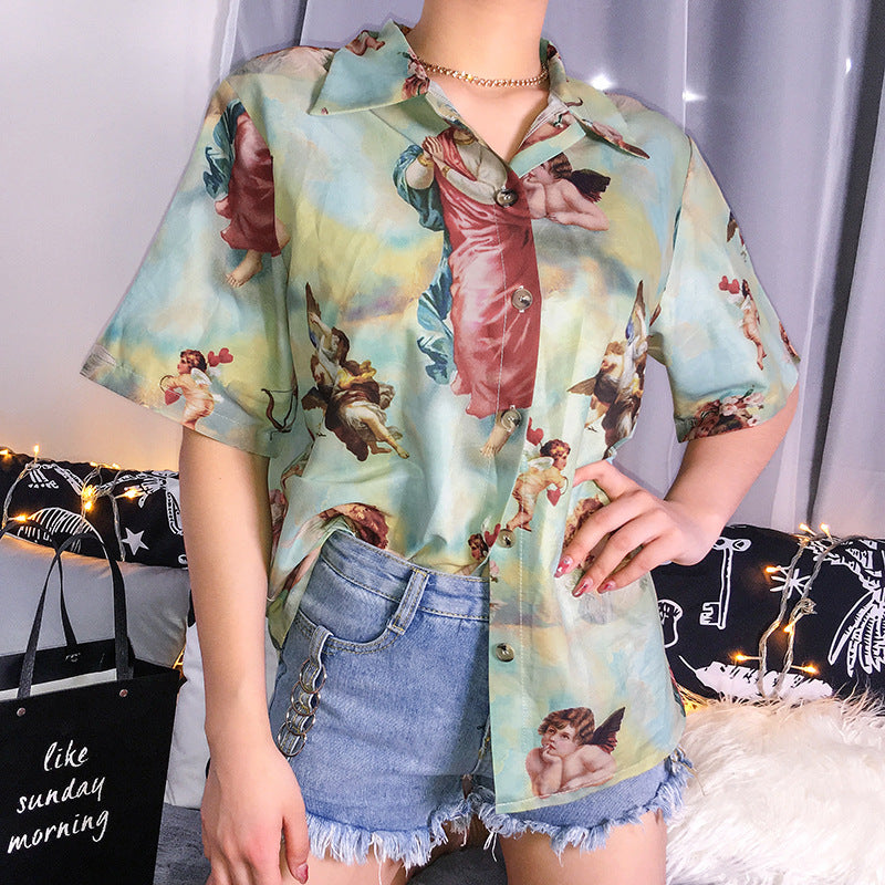 summer speed selling Amazon hot sale explosions loose retro angel print shirt women short-sleeved casual shirt