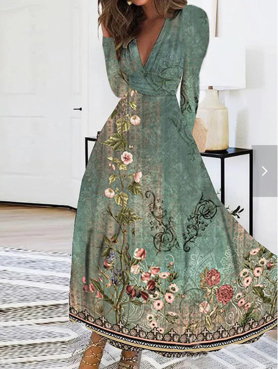 Fall V-neck Long Sleeve Printed Women Dress Women