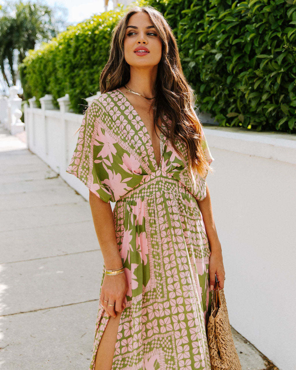 Summer New Hot Girl Fashion Printed Deep V Split Dress For Women