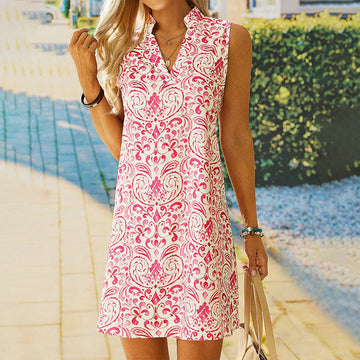 Spring And Summer New Women's V-neck Printed Short Skirt Hot Selling Sweet Rose Red Sleeveless Mini Dress