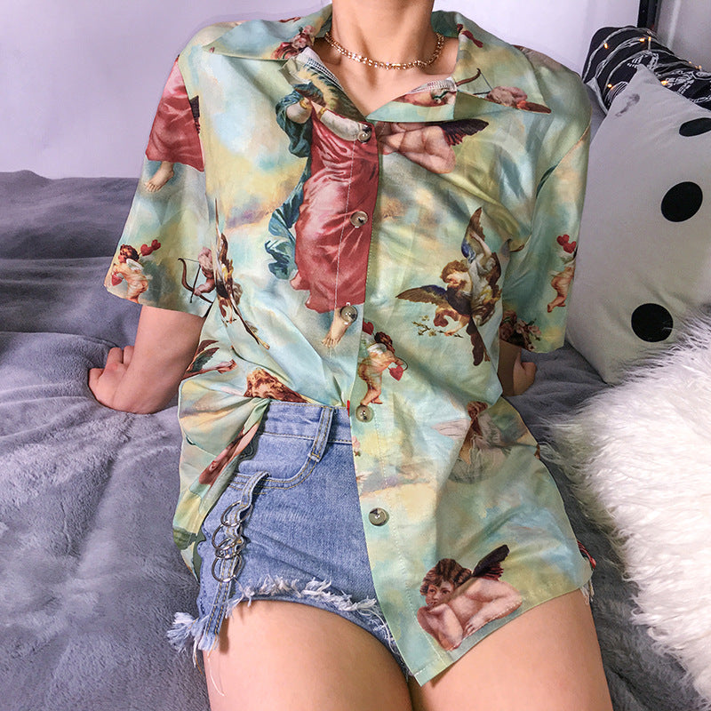 summer speed selling Amazon hot sale explosions loose retro angel print shirt women short-sleeved casual shirt