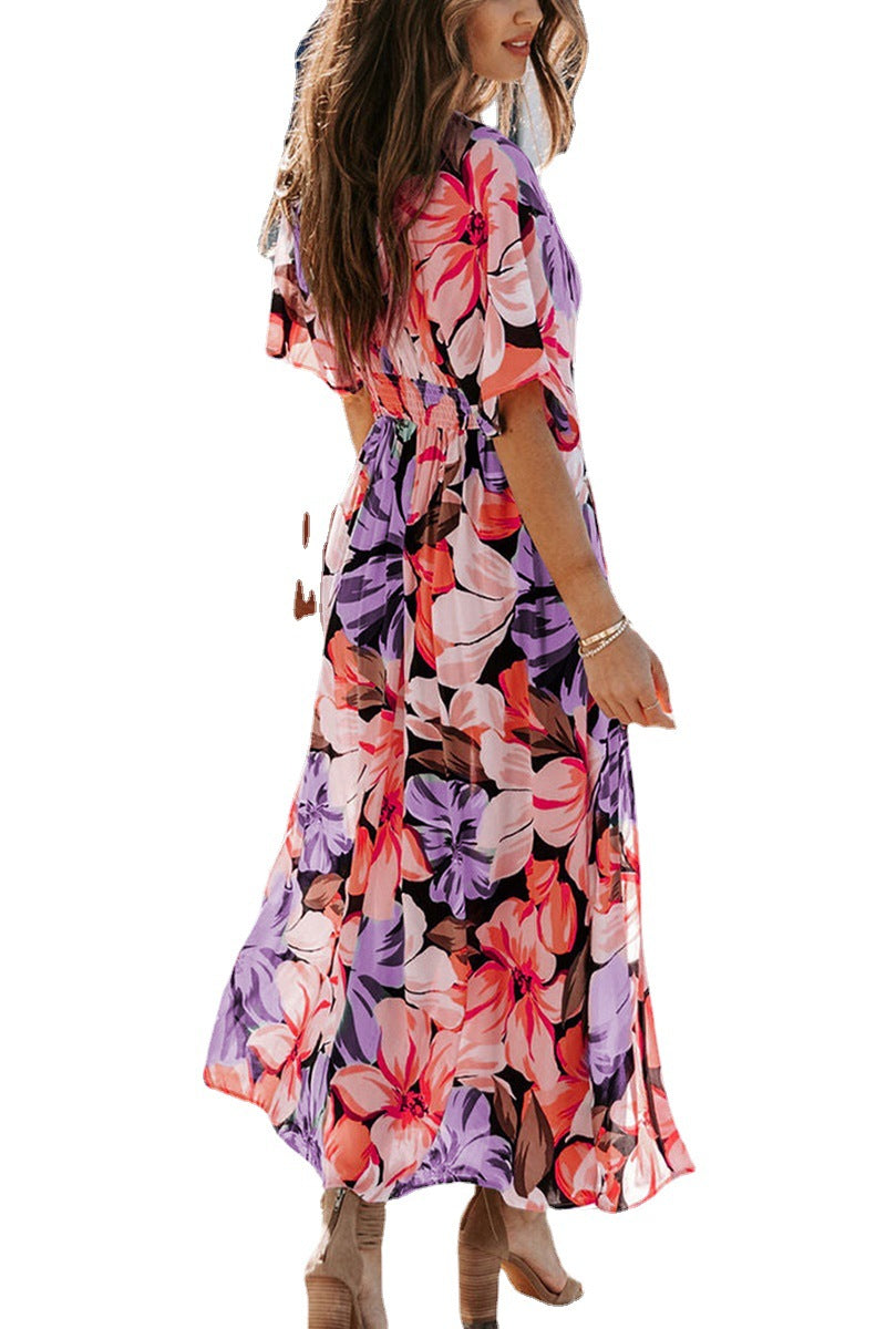 Summer New Hot Girl Fashion Printed Deep V Split Dress For Women