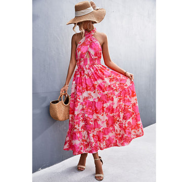 Spring And Summer New Hot Sale Backless Halter Strap Printing Dress