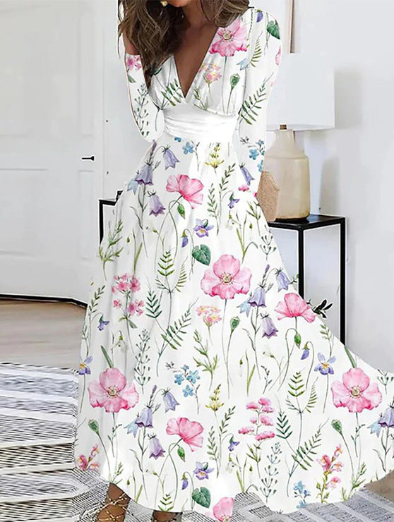 Fall V-neck Long Sleeve Printed Women Dress Women