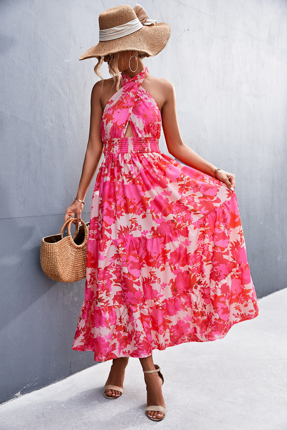 Spring And Summer New Hot Sale Backless Halter Strap Printing Dress