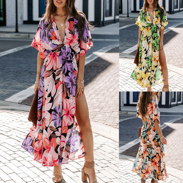 Summer New Hot Girl Fashion Printed Deep V Split Dress For Women