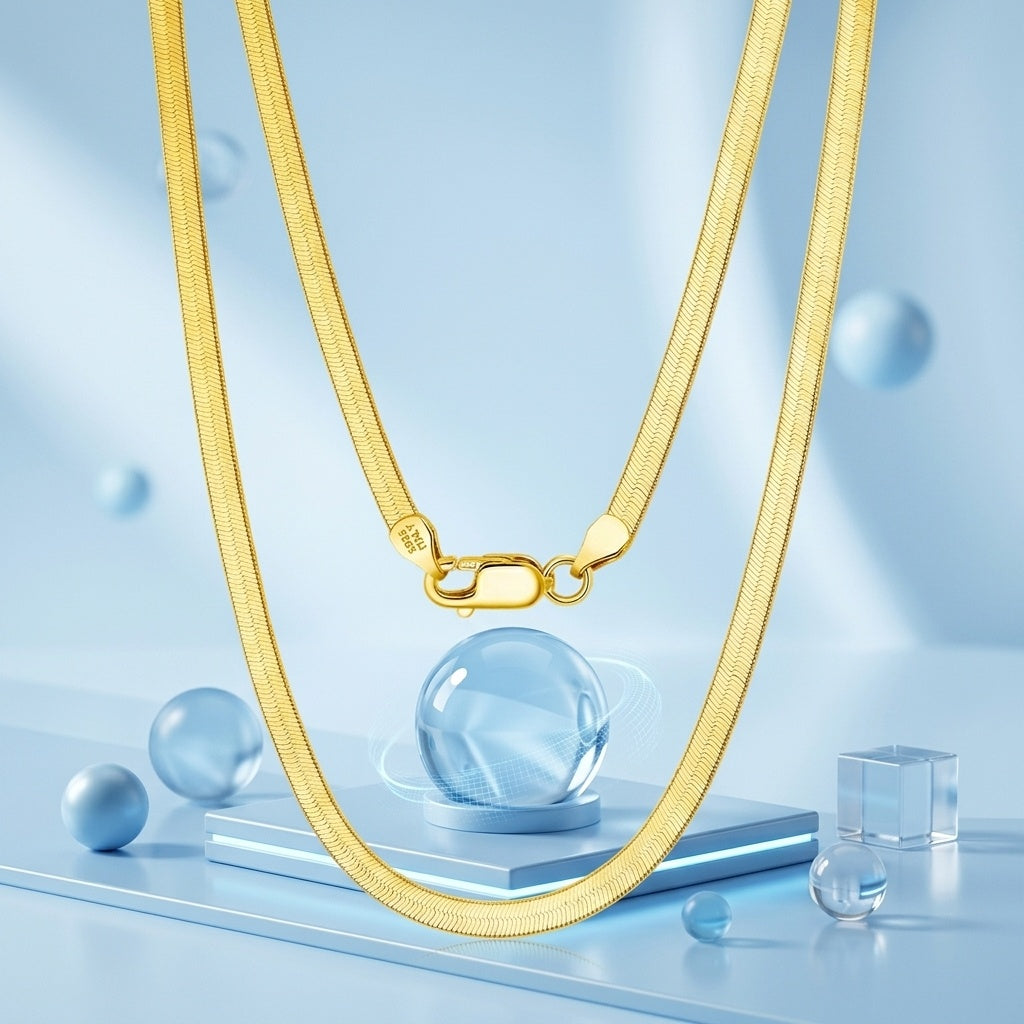 925 Sterling Silver Elegant Gold Herringbone Chain Necklace