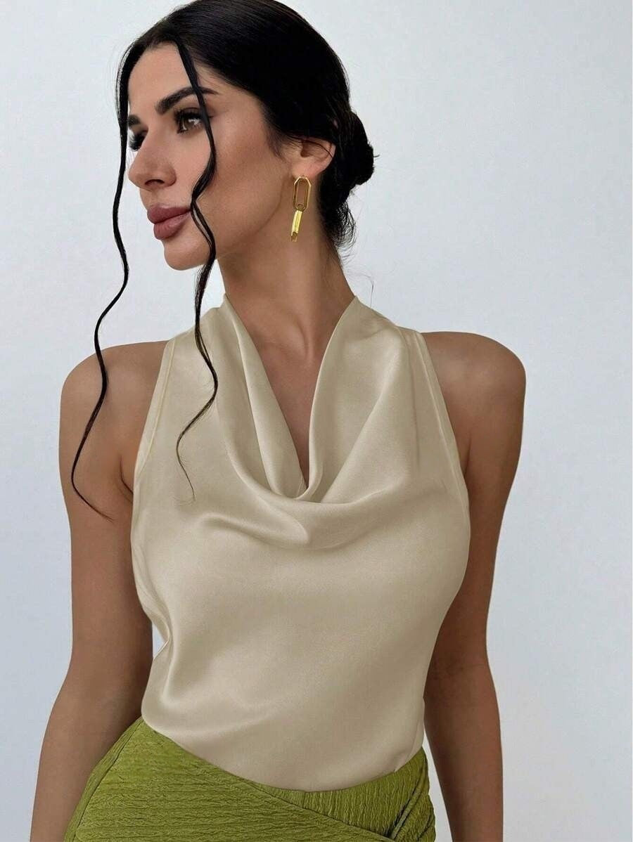 Women Solid Color Swing Collar Sleeveless Vest Trendy Elegant Shirt With Halter Neckline Backless Short Sleeve Tops Tshirts