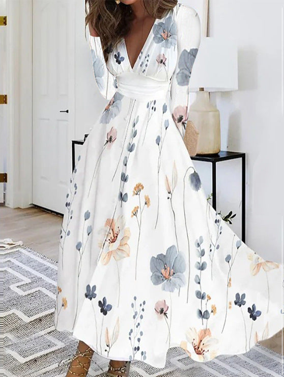 Fall V-neck Long Sleeve Printed Women Dress Women