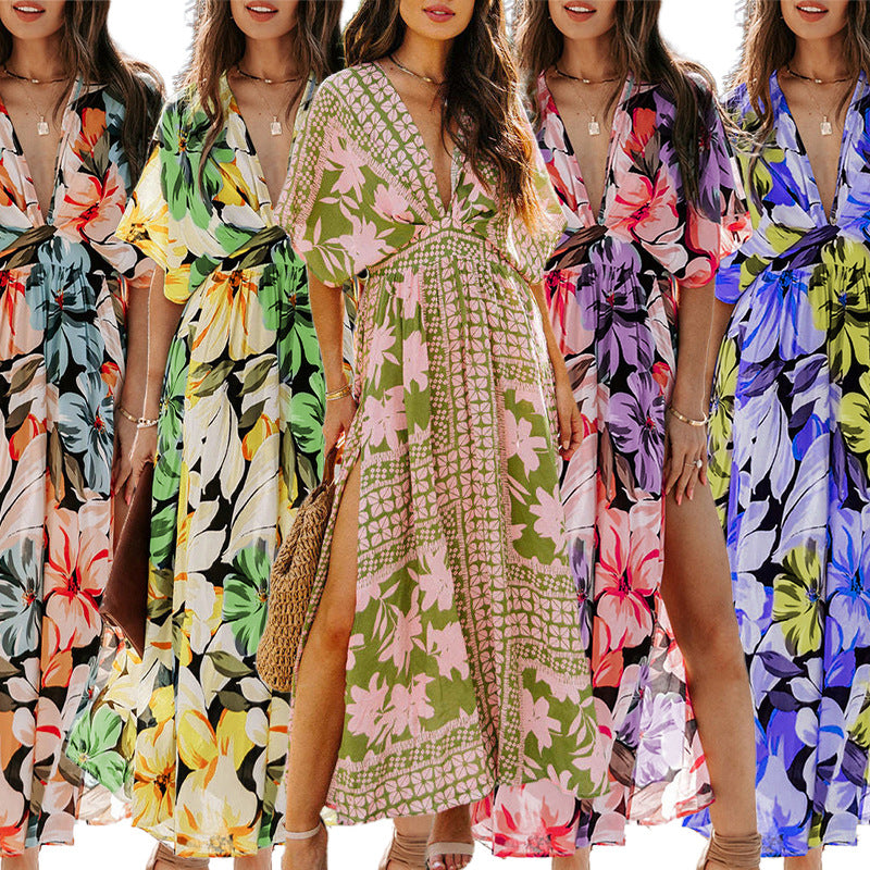 Summer New Hot Girl Fashion Printed Deep V Split Dress For Women
